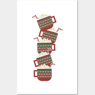 Red Green mugs with hot cocoa, whipped cream, marshmallow and striped candy cane pile Posters and Art